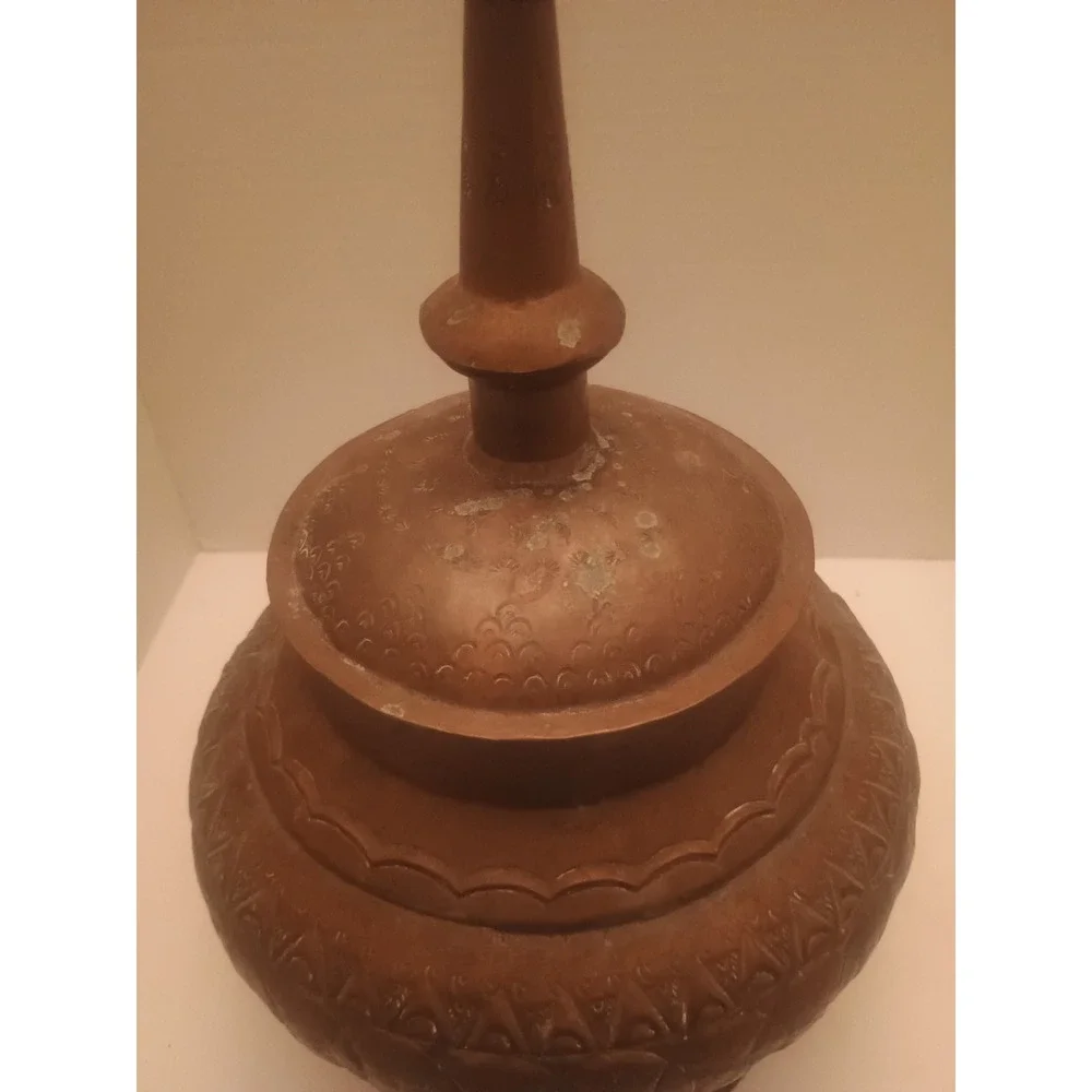 Vintage Copper Lidded Vessal Brown Etched Design Pedestal Base  13